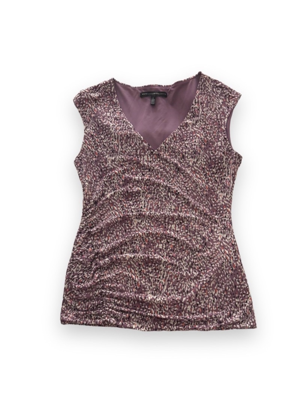 White House Black Marker Sleeveless V-Neck Ruched Purple Print Top / Blouse